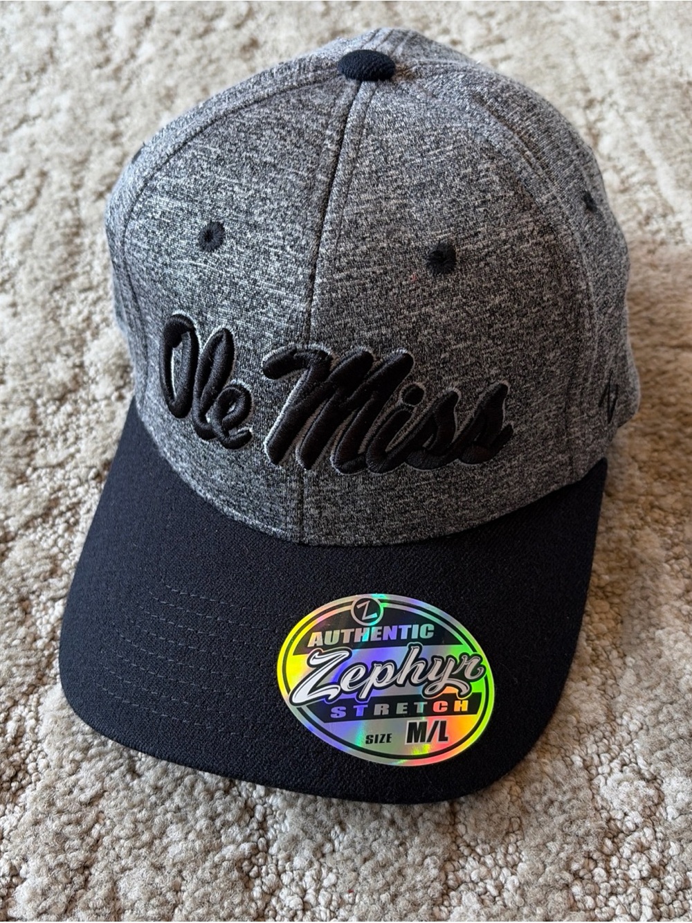 Zephyr Ole Miss Fitted Stretch Script Cap in Heather Gray and Black